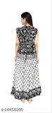 Long length women's pure cotton dress with black and white Jaipur print, maxi style