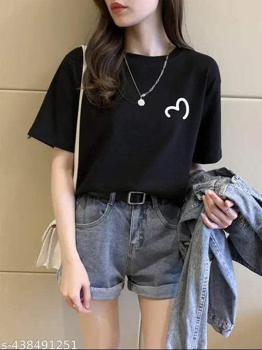 Female, half sleeve black cotton t-shirt with visible neckline