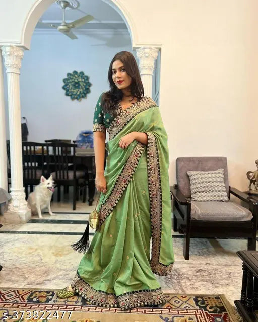 Vichitra Silk party-ready blouse with heavy embroidery lace, Indian women's saree for stylish events