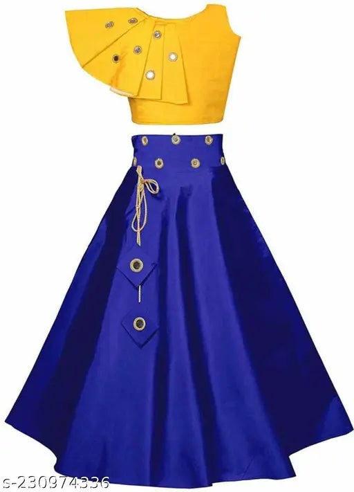 Girls' Embellished Silk-Cotton Blend Lengha Choli & Crop Top, handcrafted with mirror work, perfect for Indian occasions and all seasons