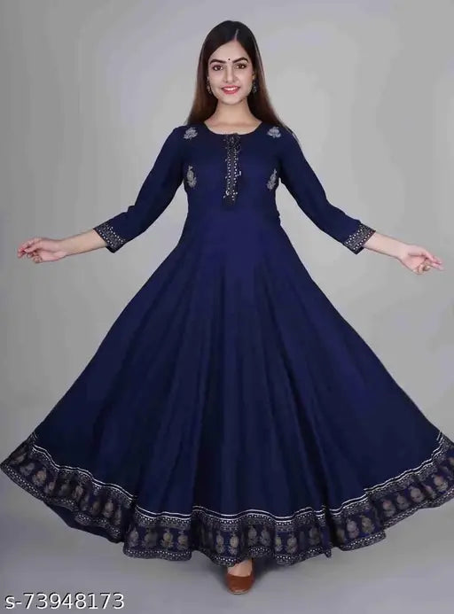 Rayon embroidered anarkali gown, three-quarter sleeves, Avi Fashions India