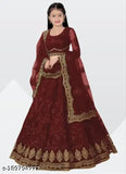 Pink semi-stitched Lehenga Choli, heavy net material with embroidery, for girls aged 9-14 years. Indian fashion accessory