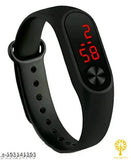 Stylish digital watch with LED display and adjustable strap, black and red color