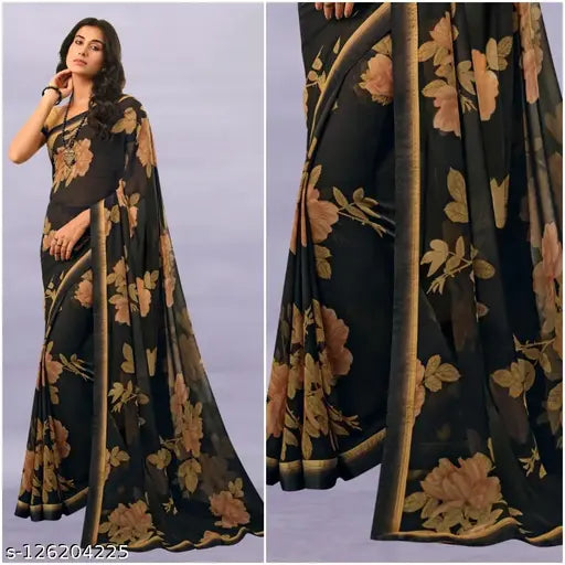 Floral geometric print on dark background, midi length, long pallu, embellished borders
