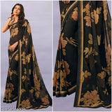 Floral geometric print on dark background, midi length, long pallu, embellished borders