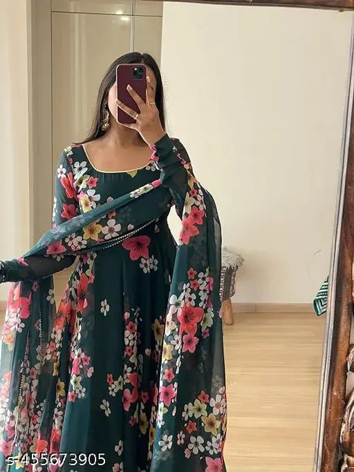 Green floral embroidered women's formal gown