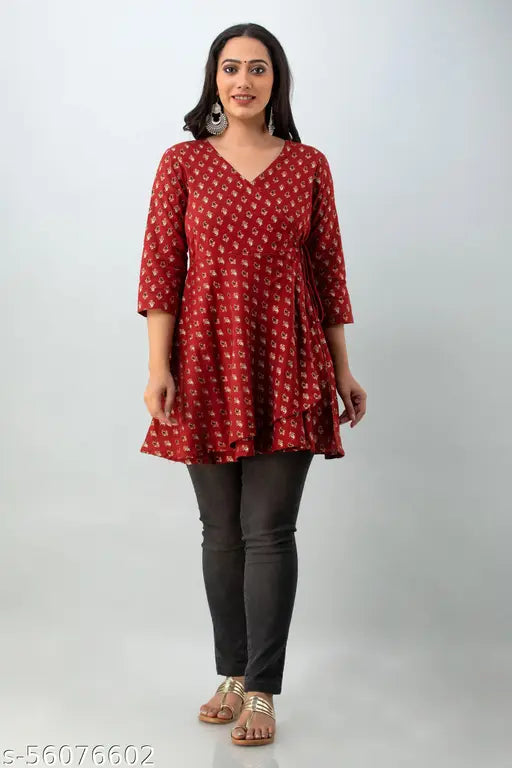 Red cotton women's kameez with button front