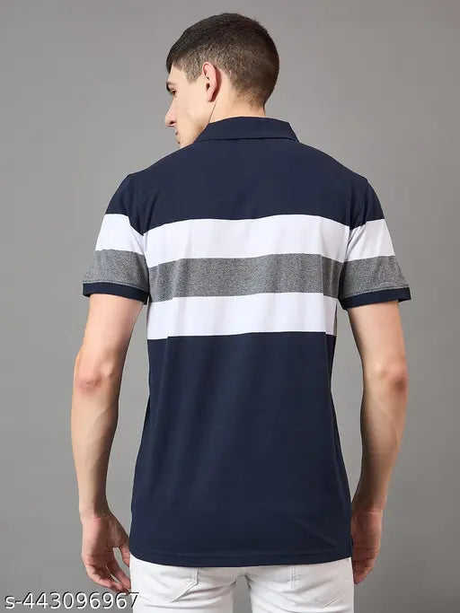 Men's striped cotton polo t-shirt, short sleeves, embroidered, size M (Chest 40in, Length 28in), made in India
