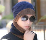 Woolen unisex beanie cap with scarf (inside fur), textured pattern, winter-proof for men, women, girls. Indian origin