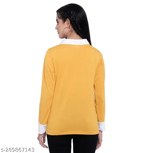Yellow cotton blend long sleeve solid t-shirt for women, premium quality, easy care