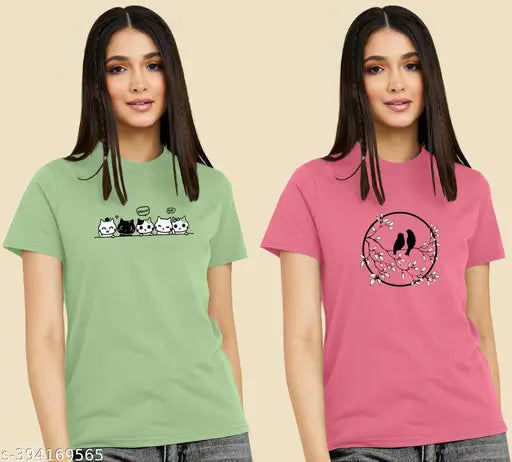 Pink and Green Cotton Blend Girls Top and Tunic Combo - Short-Sleeved Printed Net Designs, Available in Sizes S-XL