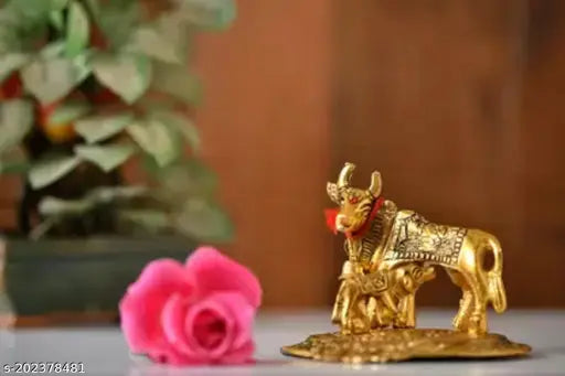 Handmade brass Kamdhenu Cow with Calf statuette, symbolizing prosperity & love. Gold-toned spiritual showpiece for home or office decor. Figurine sculpture, 10cm long, 4.5cm high, and 4.5cm wide, suitable as a gift. Product color may vary due to lighting/monitor settings