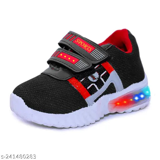 Black and red sports running shoes with LED lights, designed for kids
