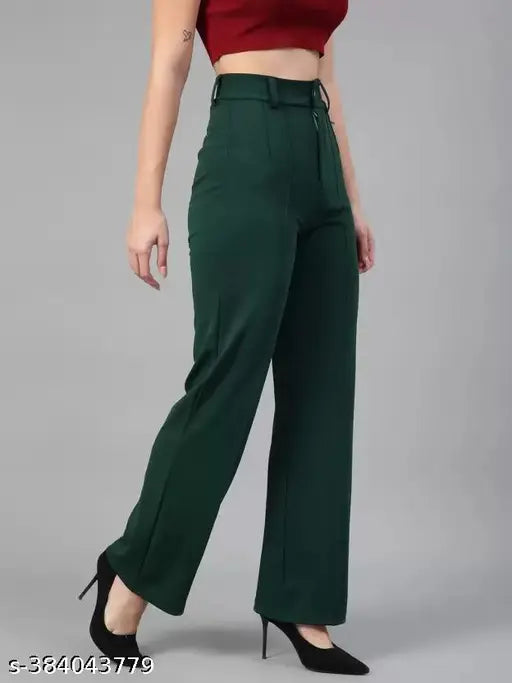 Dark green wide-leg trousers with high waist and side pockets
