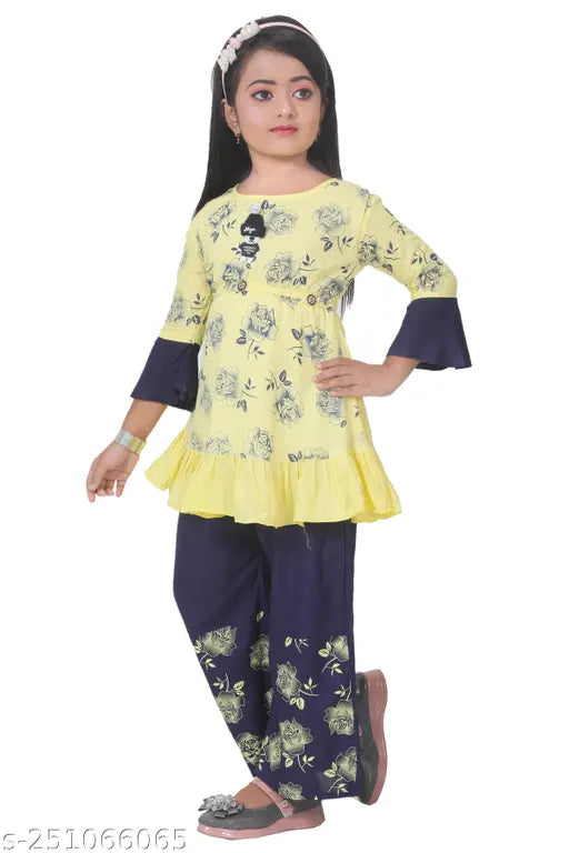 Plazo Set for Kids Girls - Rayon A-line palazzos with printed crop top, casual and comfortable attire for young girls (12-month to 9-years), made in India