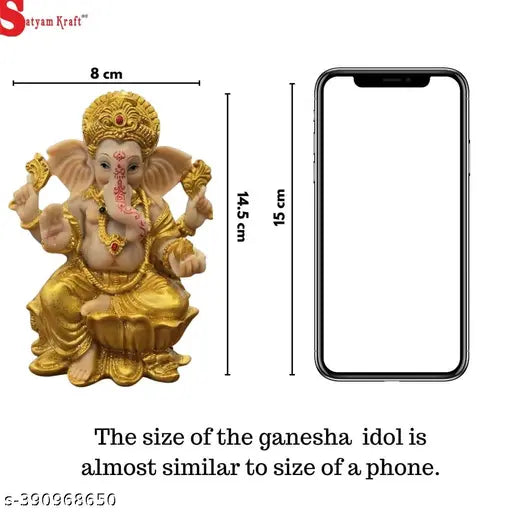 Golden Poly Resin Ganesha Idol - Wealth God Statue for House Temple or Car Dashboard, 8 x 6 x 14.5 CM