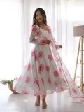 White, pink floral embroidered kurta set with long sleeves