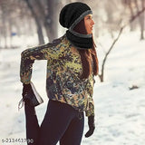 Wool winter knit neck warmer scarf & skull cap, black self-design for men and women