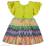 Parrot green art silk embroidered girl's knee-length dress with printed net, round neck, double umbrella sleeves, and attached tassels - Indian party wear frock for girls aged 2-6 years