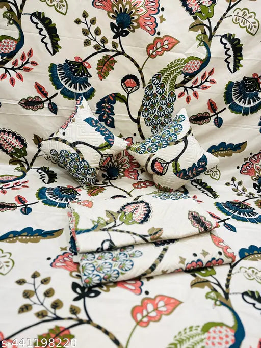 Multicolor, heavy-quality cotton bedsheet set (1 King size 90x100, 2 embroidered pillow covers, 2 cushion covers) - durable, stain resistant, breathable. Indo-inspired design for a unique bedroom look