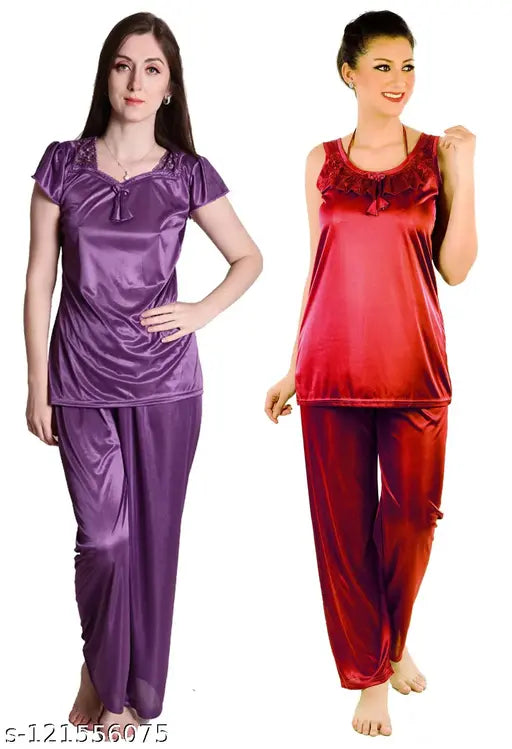 Purple/Maroon satin sleepwear combo set (pack of 2) - soft, comfortable women's nightsuit and pyjama set by Dream Night Brand