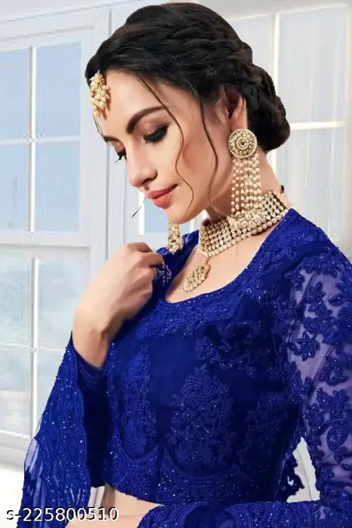 Graceful embroidered net lehenga set by Aakarsha, semi-stitched (waist size 44in, length 44in), India