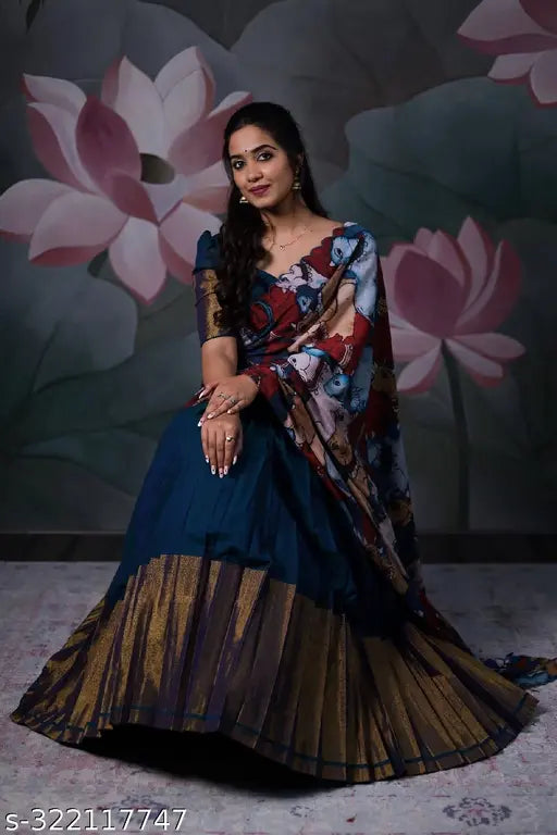 Trendy traditional semi-stitched art silk half saree for women, featuring an embroidered blouse and solid dupatta, ready for shipping from India