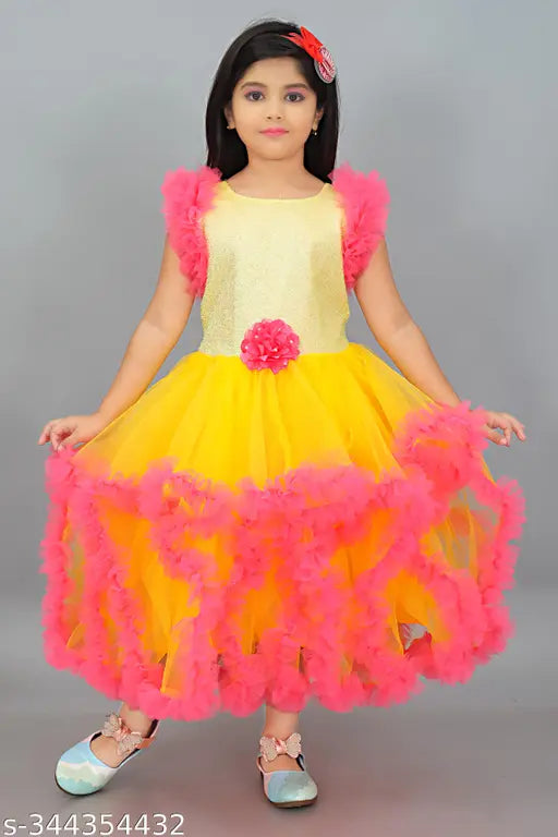 Long net frock in pink and yellow with ruffles