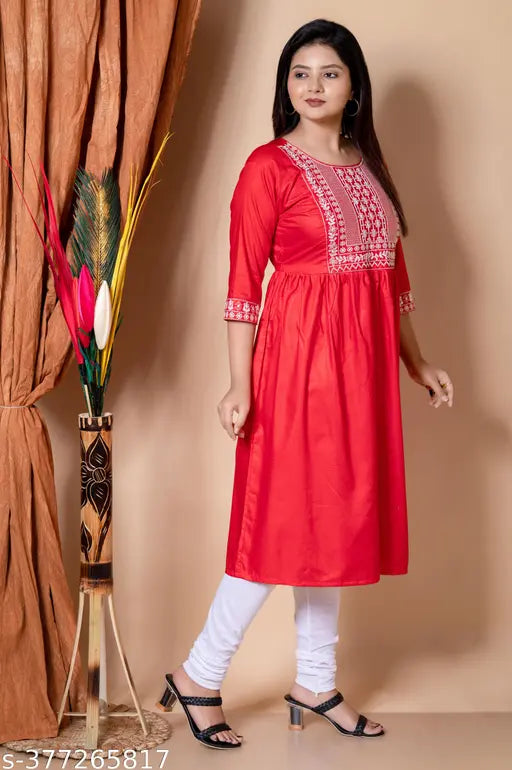 Rayon embroidered kurti for women, three-quarter sleeves, ethnic fashionable Indian wear with free size options
