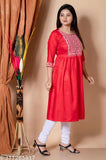 Red cotton kurta with block pattern for women's traditional outfit