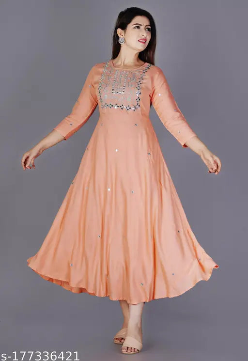 Rayon embellished anarkali kurta, three-quarter sleeves, stylish embroidery. Indian women's fashion