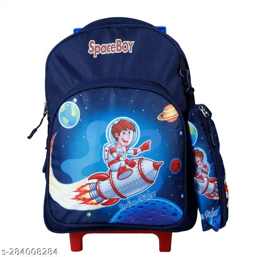 Blue polyester waterproof school trolley bag, 20L. Indian Riders Space Boy design for kids aged 2-8, featuring adjustable straps and pencilbox compartment." (125 characters)