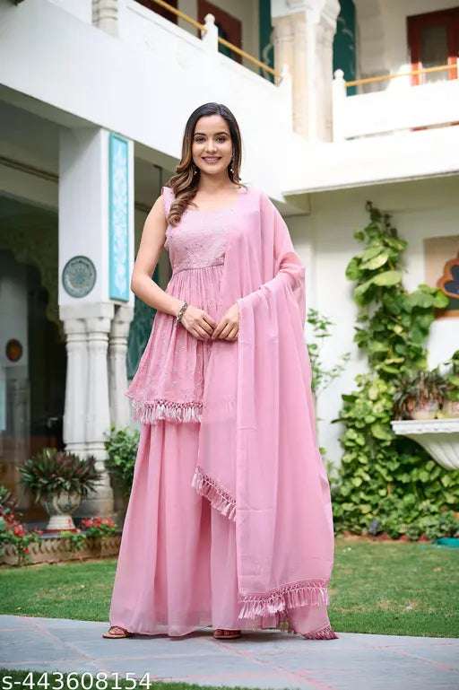 Partywear Mordern Stylish Woman's Kurta Peach Off Shoulder Design Georgette Fabric Embroidered Body Fit