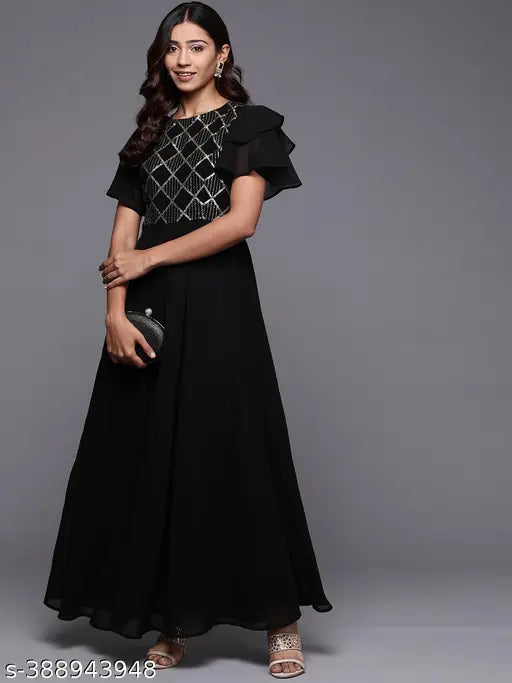 Black solid tone maxi dress, round neckline, keyhole back detail, statement ruffled sleeves, embellished sequin adornment