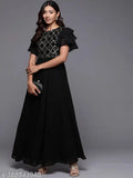 Black solid tone maxi dress, round neckline, keyhole back detail, statement ruffled sleeves, embellished sequin adornment