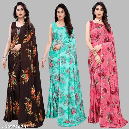 Designer Printed Georgette Saree Set - Three-piece saree combo featuring vibrant floral prints in teal, maroon, and pink on a chiffon fabric with pallu