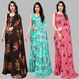 Designer Printed Georgette Saree Set - Three-piece saree combo featuring vibrant floral prints in teal, maroon, and pink on a chiffon fabric with pallu