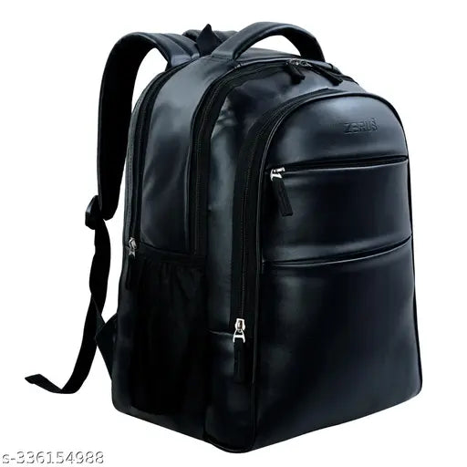 Premium black vegan leather 40L laptop backpack for men and women. Water-resistant, spacious with air case design, suitable for 15.6" laptops. Breathable mesh padding and adjustable shoulder straps