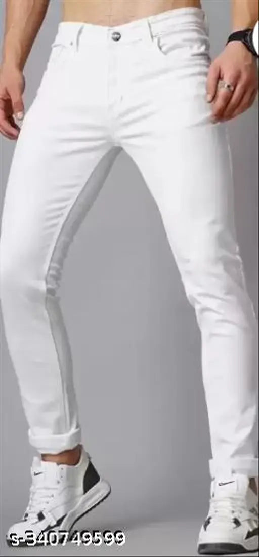 Men's cotton blend white plain jeans, comfortable fit for everyday wear. New, affordable, and available in sizes 26, 28, 30, and 32 (waist 28/30, length 38/40, hip 30/32). Made in India