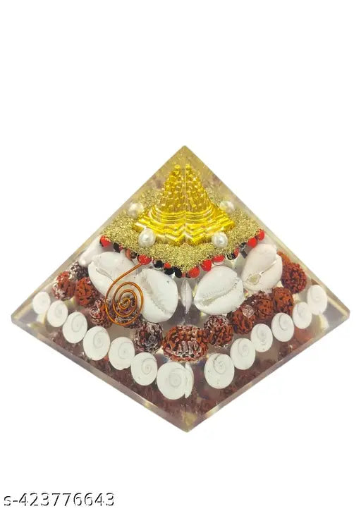 White Kauri and Ratti Seeds Swara Agate Crystal Laxmi Pyramid - Authentic Vastu wealth item for home & office, 3.5 inch