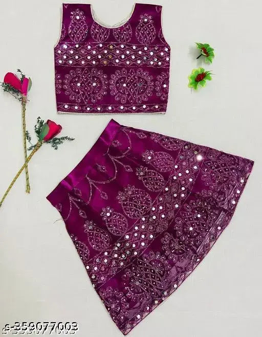 Embroidered net Kids lehenga choli set, sleeveless super net lehenga with unstitched material for festive weddings & parties in trendy designs. Made in India