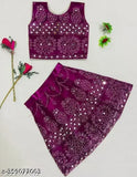 Embroidered net Kids lehenga choli set, sleeveless super net lehenga with unstitched material for festive weddings & parties in trendy designs. Made in India