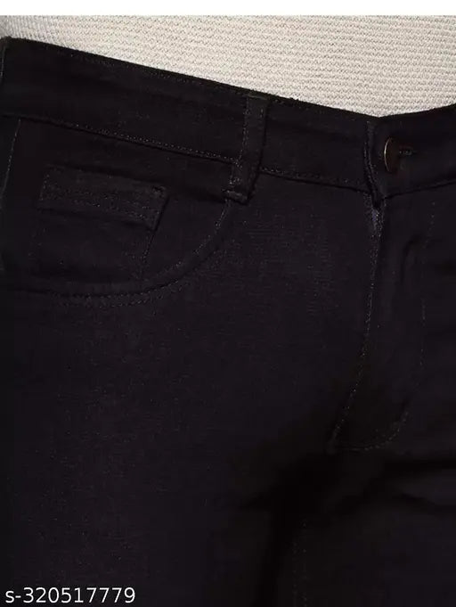 Stylish black denim jeans for boys, slim fit, mid-rise, five pockets, clean wash, origin in India