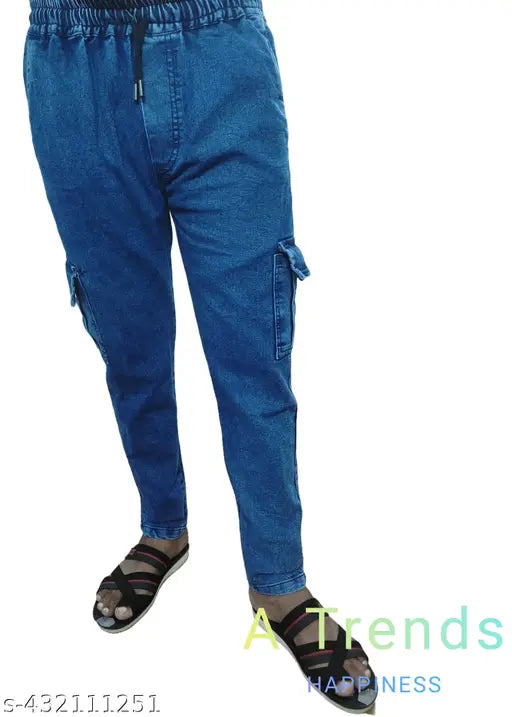A person wearing blue superdry men's gym joggers with a visible side pocket