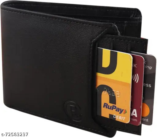 Black faux leather men's wallet, 5-card slot ATM pocket wallet with zip compartments