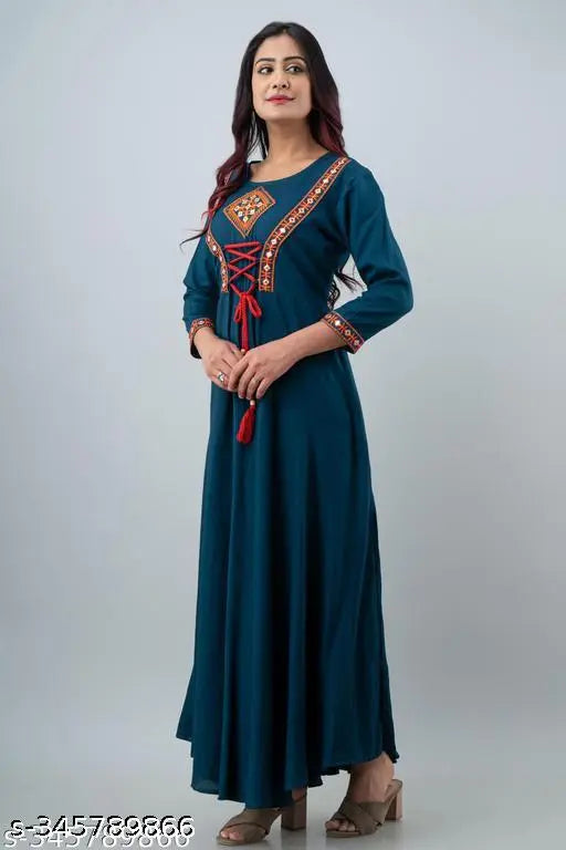 Blue rayon embroidered Anarkali kurta with three-quarter sleeves, traditional Indian festive wear on display