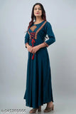 Blue rayon embroidered Anarkali kurta with three-quarter sleeves, traditional Indian festive wear on display