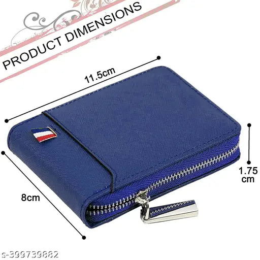 Blue PU leather men's wallet with 9 card slots, coin purse, and zipper. Solid pattern, free size (12cm x 8cm), made in India