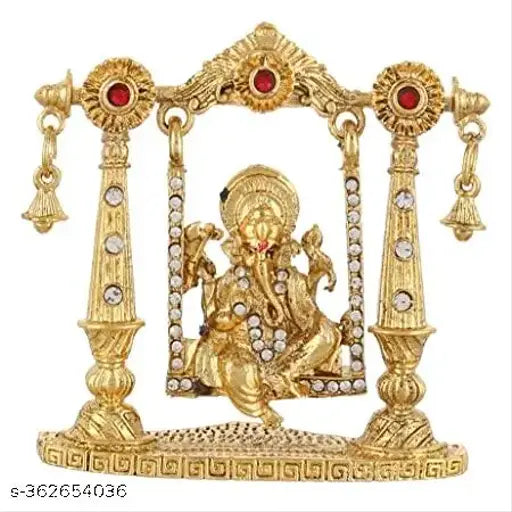 Antique gold metal Ganesh Ji jhula idol (3 inch height), traditional Indian temple pooja decor