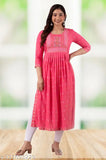 Pink rayon naira cut kurta with shisha embroidery, three-quarter sleeves, round neck, block print, two side slits, calf-length. High-quality, breathable, soft fabric for women's ethnic wear from India